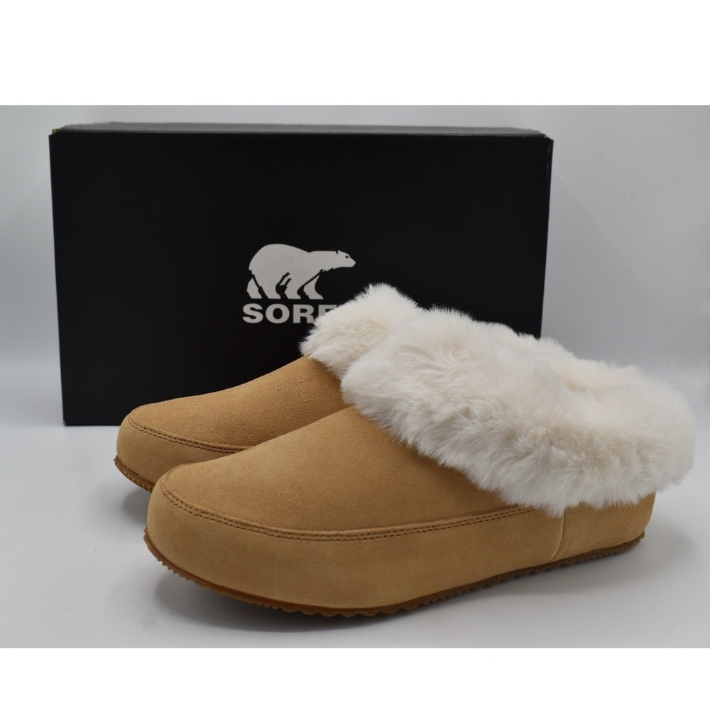 Sorel Women 11 Go Coffee Run Faux Fur Tawny Buff Natural Suede Slippers Shoes